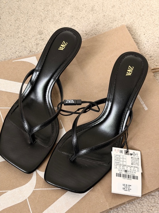 Zara Shoes - SOLD Zara Leather Square Toe Strappy/Thong Sandals in Black (EUR 38)